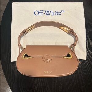 Off-White Tan Leather Shoulder Bag with Gold Accents